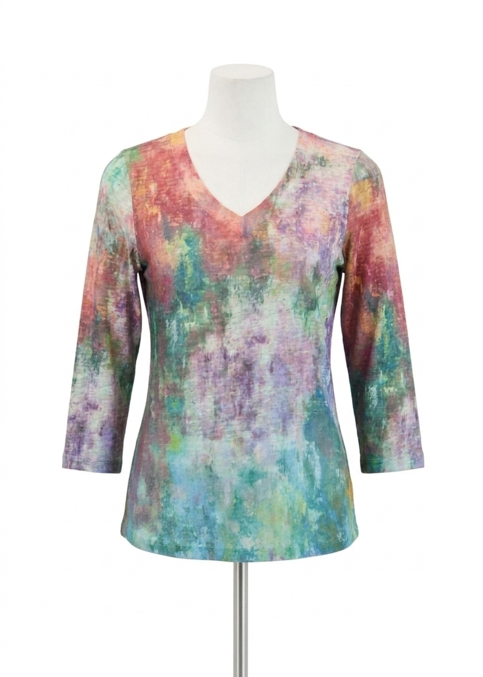 NEW FDJ three-quarter sleeve v-neck top in green multi